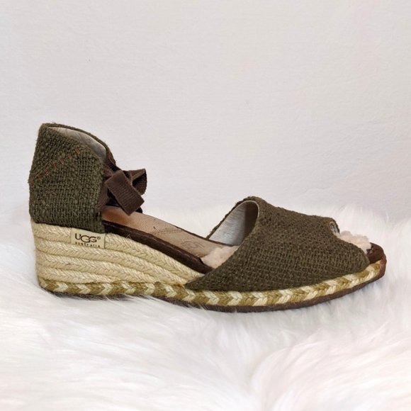 Ugg Peep Toe Fur Woven Espadrille Sandals in Olive - Picture 1 of 6